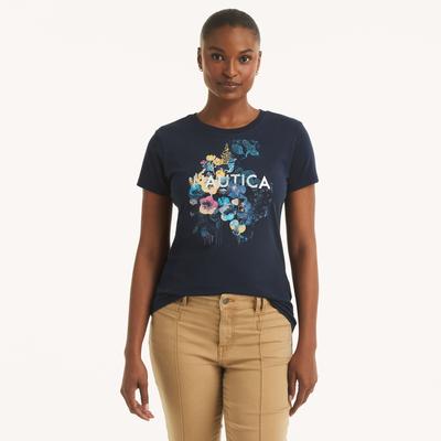 Nautica Women's Flowers Foil Graphic T-Shirt Stellar Blue Heather, M