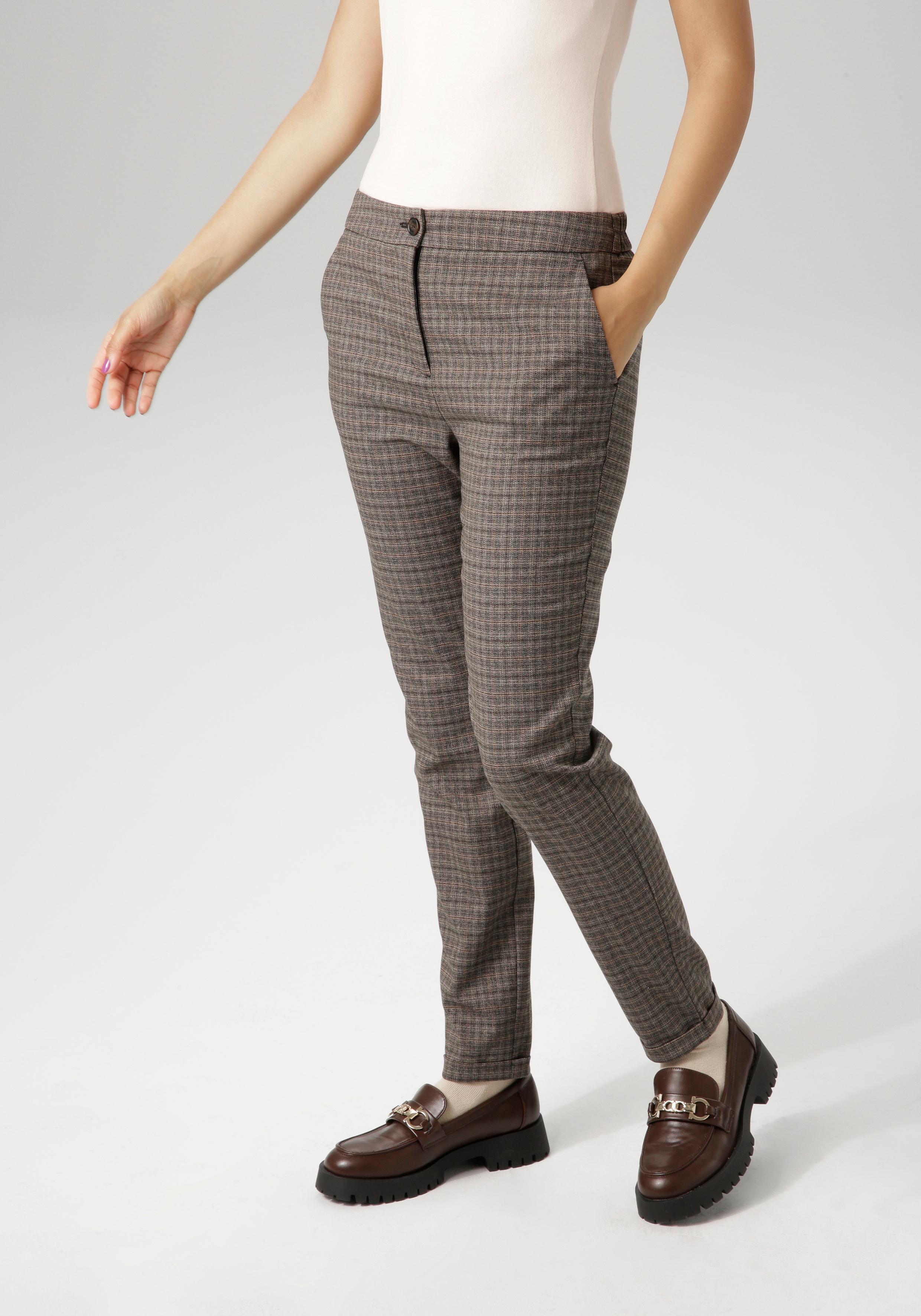 Webhose ANISTON CASUAL, Damen, Gr. 48, N-Gr, grau (anthrazit, dunkelbraun, helltaupe, hellbraun), Web, Obermaterial: 65% Polyester, 33% Viskose, 2% Elasthan, Jacquardmuster, kariert, figurumspielend knöchellang, Hosen, im dezenten Karo-Dessin
