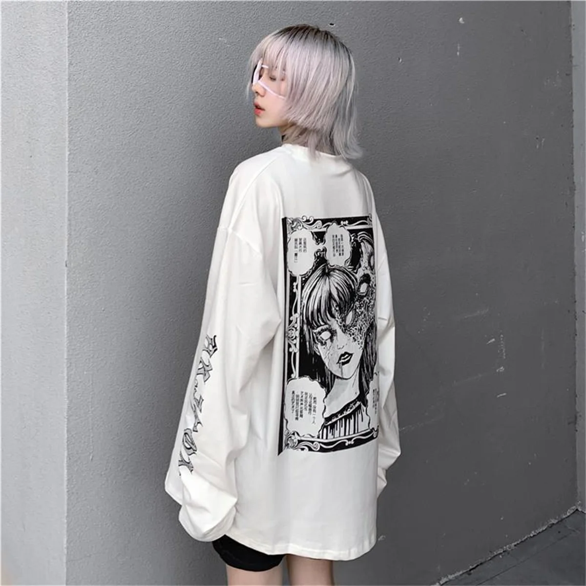 2025 nette Japan Cartoon Übergroßen Langarm T-shirt Hip Hop Punk Streetwear Mädchen Tees Schwarz Lose Hip Hop T Hemd Männer
