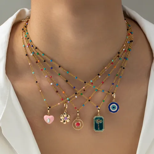 Drip Oil Necklace Love Palm Tree Sun Flower Devil's Eye Round Coin Necklace Women Gold Plated Color Preserved