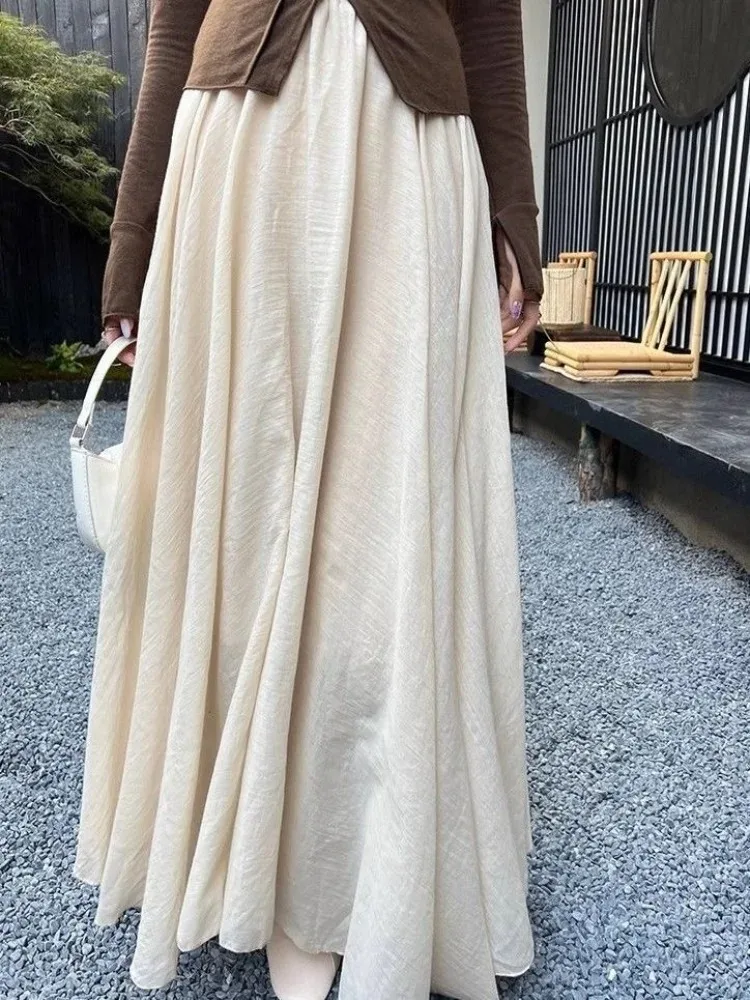 Doppelschichtiger langer Rock aus Baumwollleinen mit elastischer Taille, ausgestellter Rocksaum, chinesischer Hanfu-inspirierter Frühlings-Casual-Maxiröcke für Frauen Image