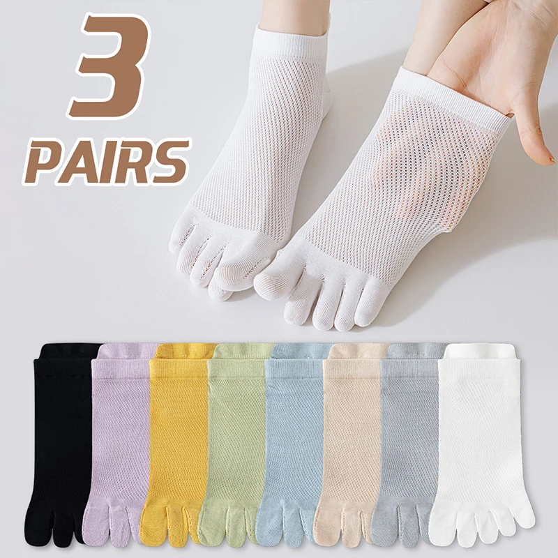 3 Paar Damen-Socken aus Baumwolle, Sommer, einfarbig, einfaches Netz, atmungsaktiv, Anti-Pilling, College-Stil, Frühling und Herbst, Fünf-Finger-Socken Image