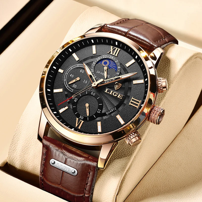 LIGE Mode Herrenuhr Outdoor Sport Kalender Leder Quarzuhren Männer Wasserdicht Leuchtende Mondphase Mann Uhr Chronograph Image