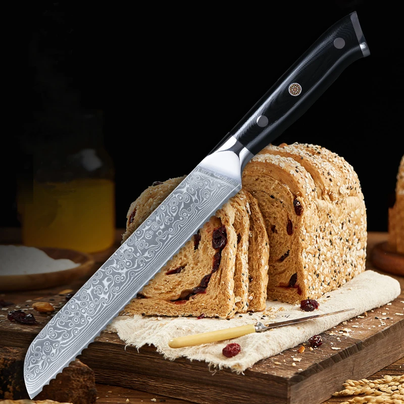 8-Zoll-Kochmesser aus gezahntem Brot, japanisches Damaskus-Stahl VG10, superscharfes Küchenmesser zum Schneiden von Brot und Kuchenmesser Image