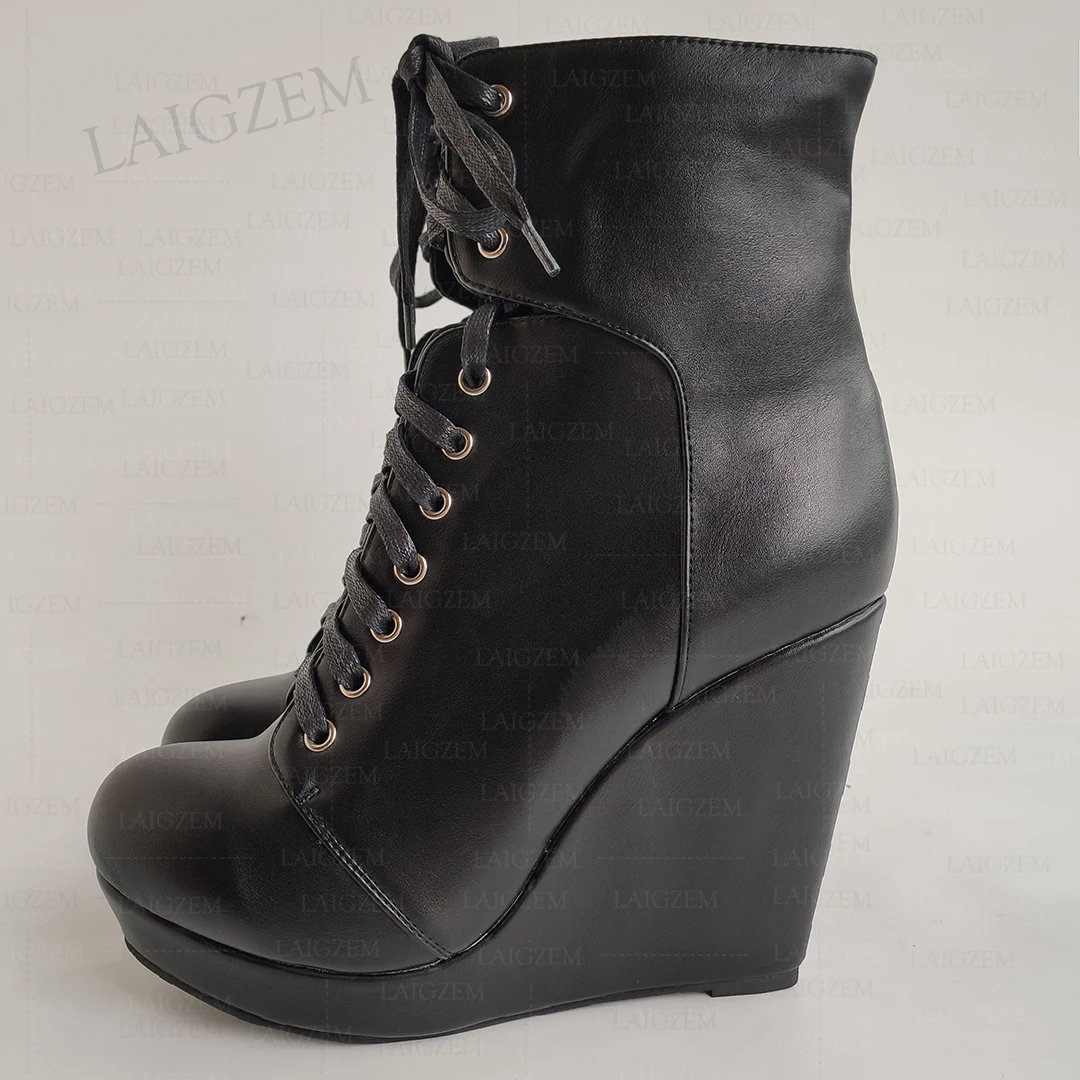 LAIGZEM Damen-Stiefeletten mit Plateausohle, Keilabsatz, Schnürung, runde Zehen, Kunstleder, kurze Stiefeletten, Damenschuhe, große Größe 41, 43, 46, 48