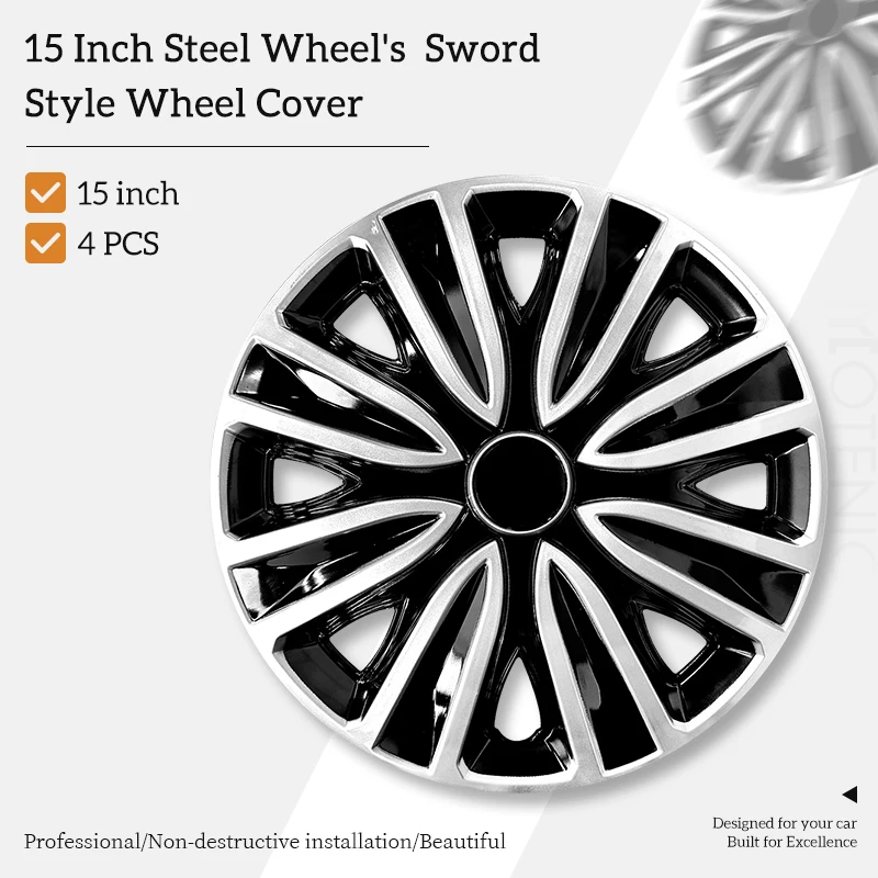 Coprimozzi stile spada da 15 pollici Coprimozzi neri e argento per auto Set di 4 coprimozzi per Honda Volkswagen, Chevy, Mazda, Dodge