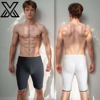 XMJXMY Sexy einfarbige, pfirsichfarbene Hüft-Fünf-Viertel-Shorts für Herren, eng anliegende, angehobene Gesäß- und perzige Badehose Image