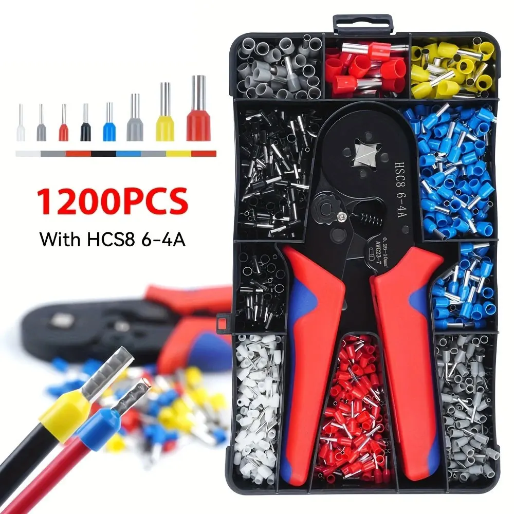 HSC8 6-4A Kit di strumenti per crimpare ghiera Pinza per crimpare ghiera AWG 23-7 con 1200 pezzi Connettori per ghiera Terminali terminali per cavi Crimpatrice