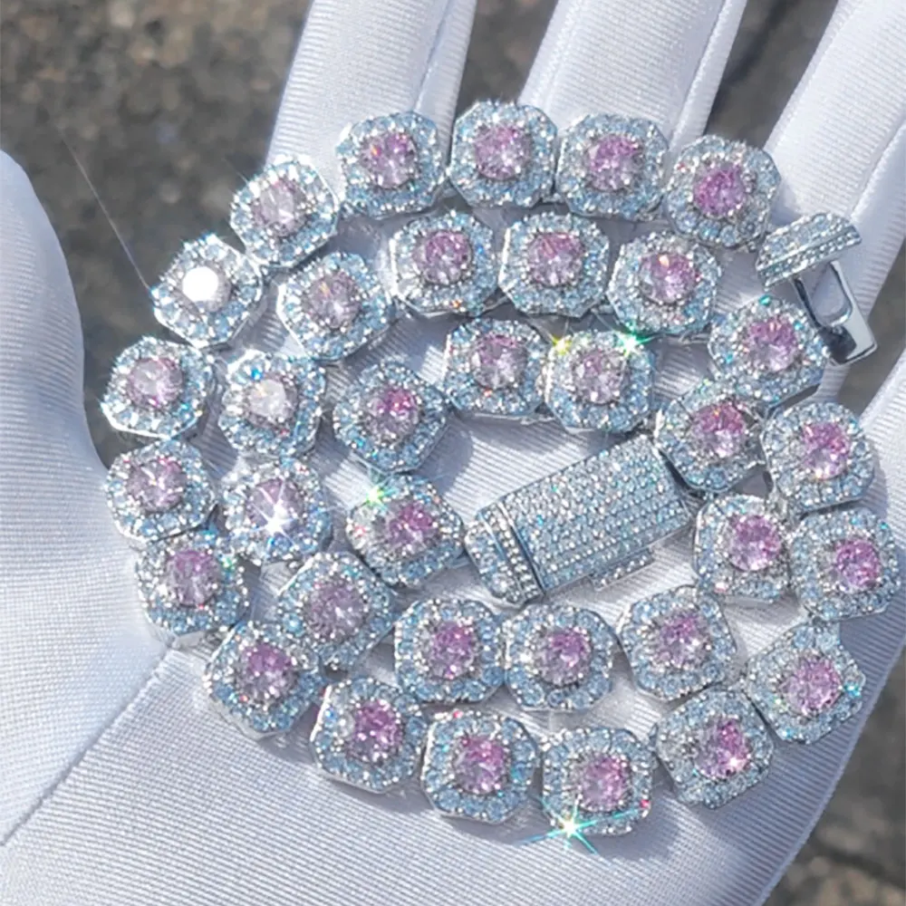 12mm Hip Hop Schmuck rosa/Schatz blau/Seeblau Mädchen Cluster Tennis Kette Zirkonia Bling Diamant cz Halskette für Frauen