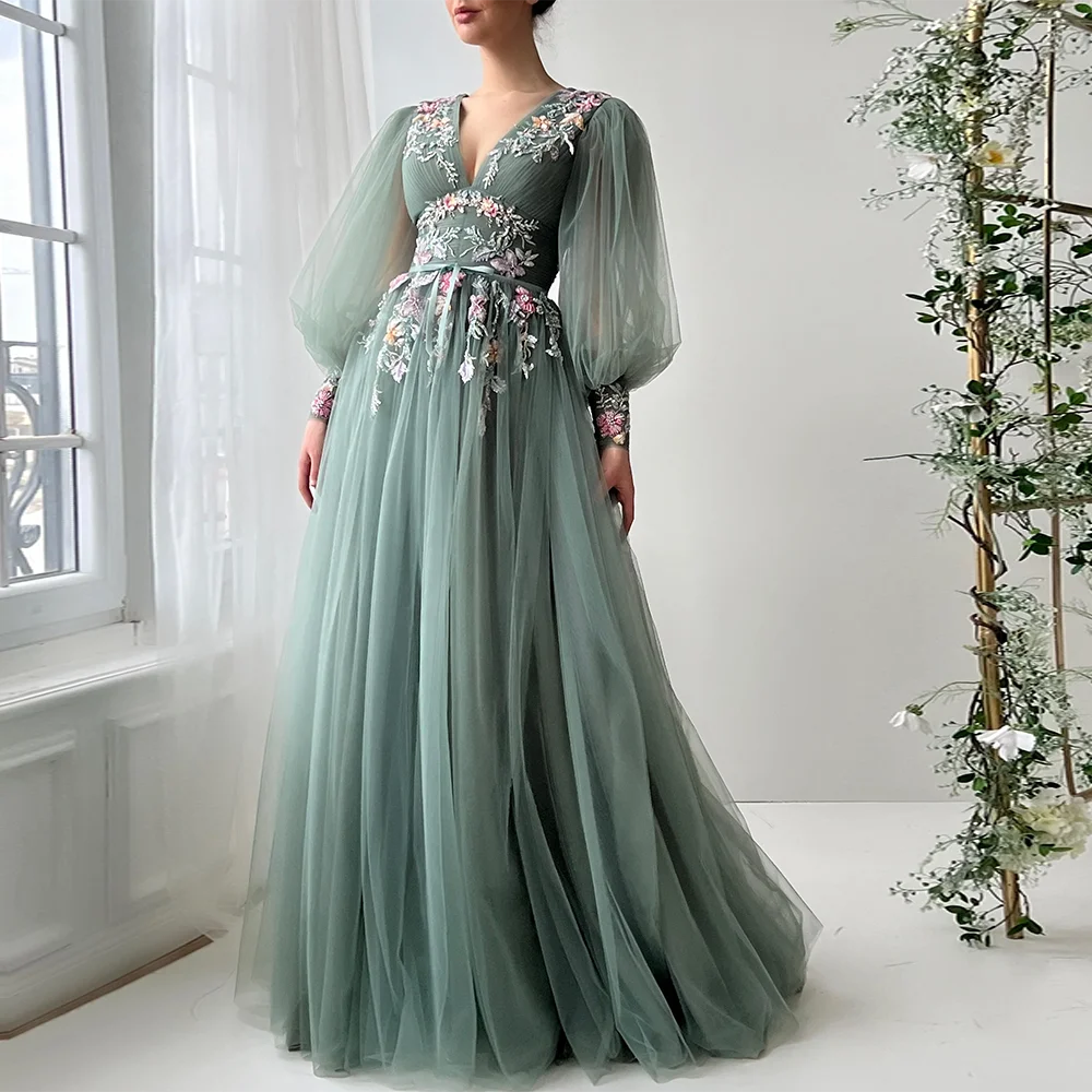 Maßgeschneiderte Abendkleider mit V-Ausschnitt, moderne drapierte Falte, Pailletten, Spitzenapplikationen, A-Linie, Abendkleid, rückenfrei, langes Tüll-Partykleid Image
