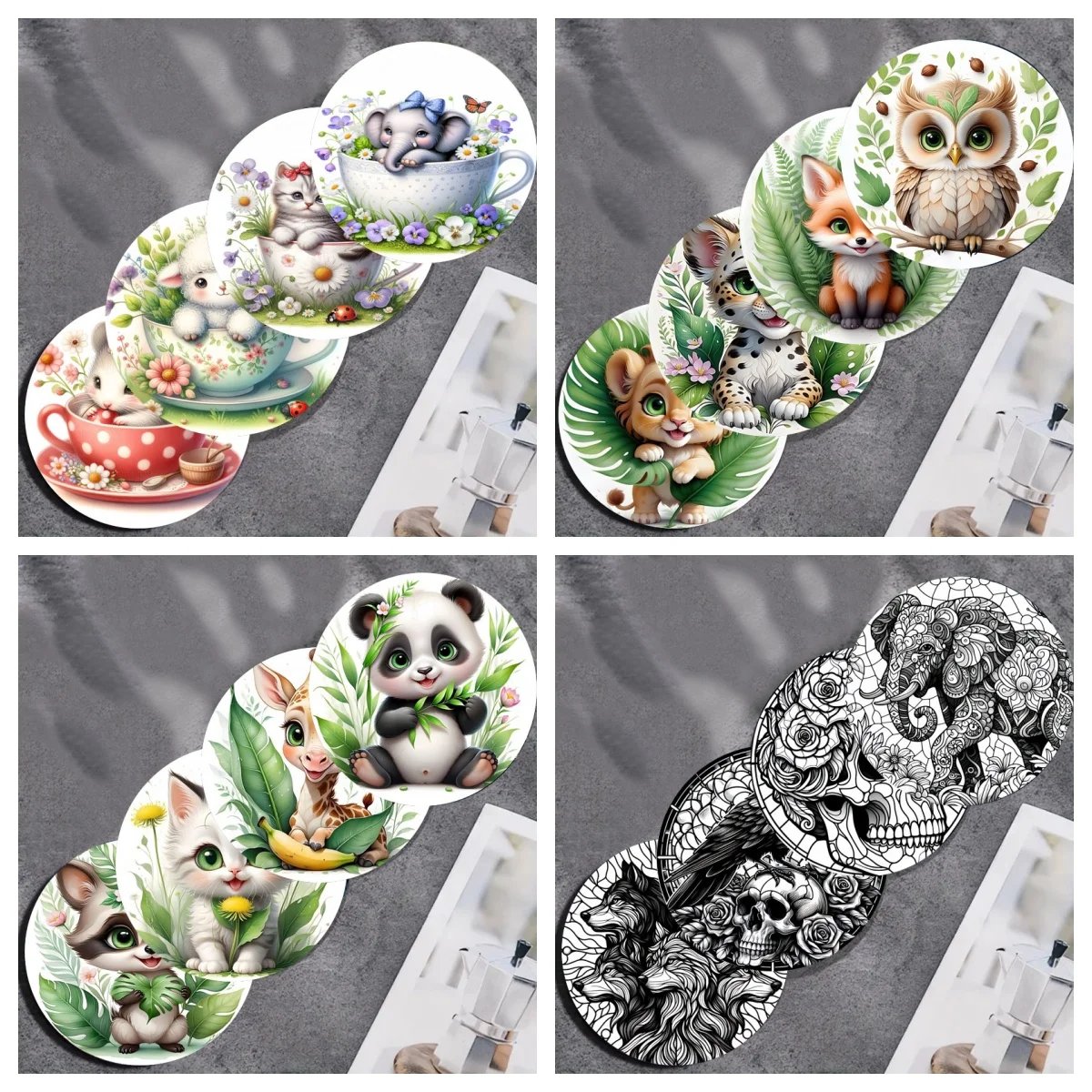 Das vierteilige Set aus farbig bedruckten Untersetzern der niedlichen Cartoon-Tiermuster-Serie eignet sich für die Esstischdekoration zu Hause Image