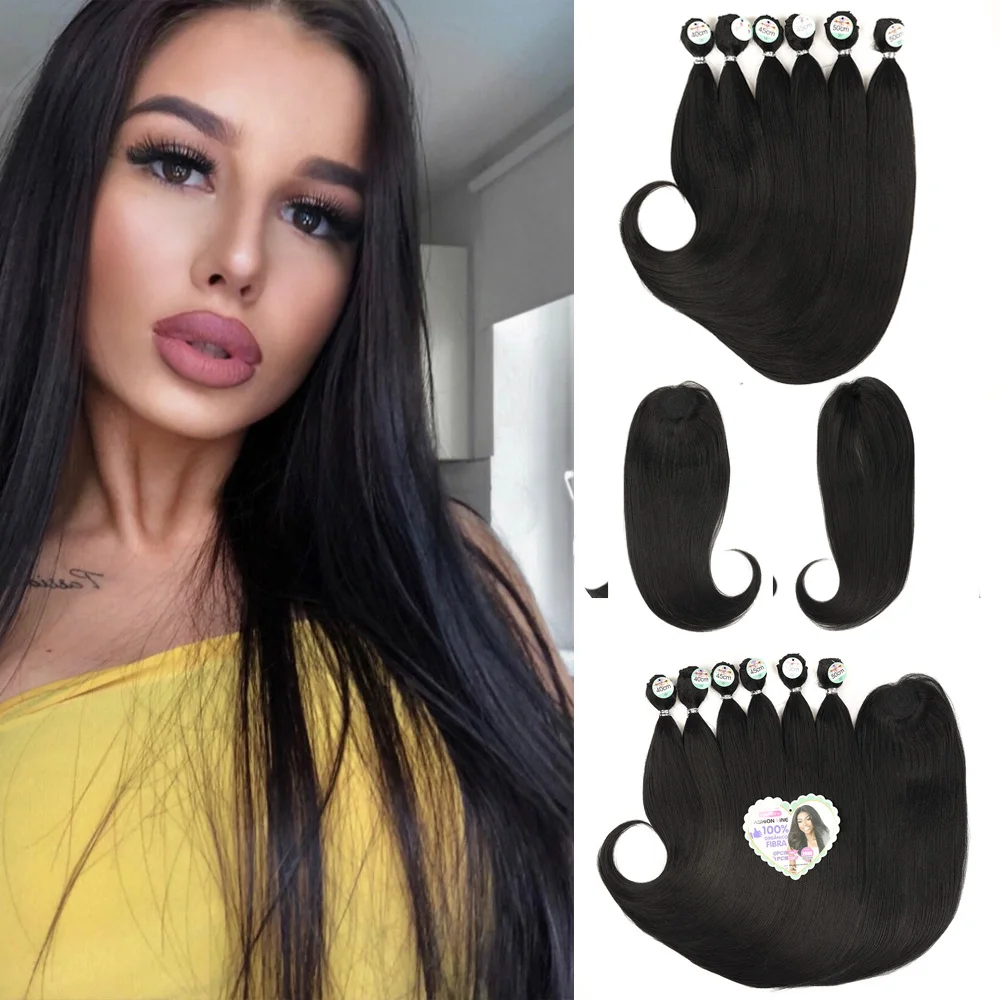 Synthetische glatte Haare Schwanz Curl Schwarz 16 18 20'' 6 Bundles mit Verschluss Hochtemperaturfaser-Webart-Haarverlängerungen für Frauen Image