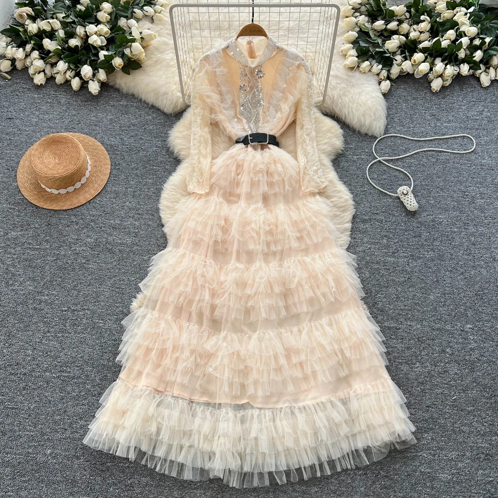 Chic Sexy Strass Pailletten Langarm Geraffte Fee A-Linie lose Sommer Frauen Boho Sommerkleid Frauen Kleidung