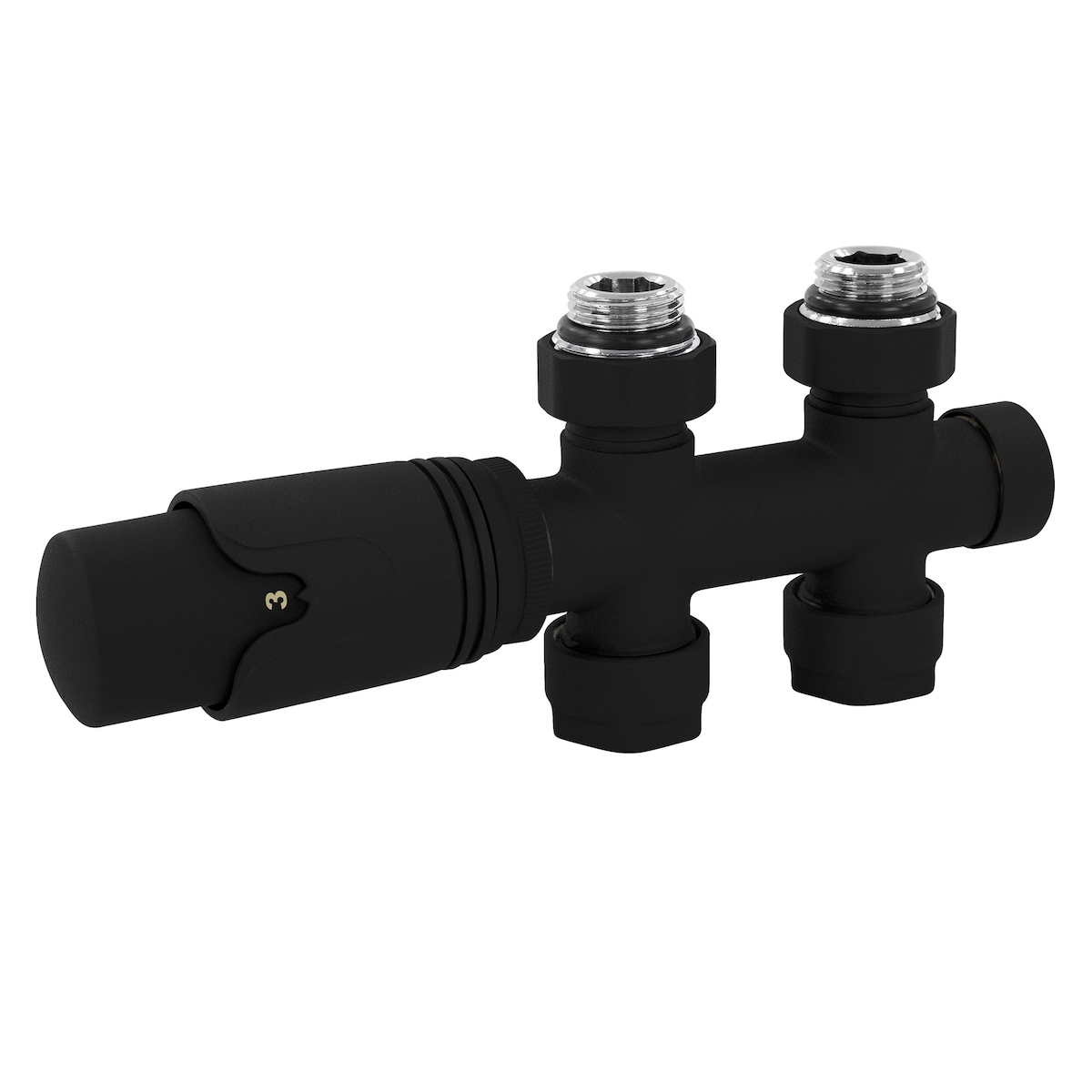 LuxeBath Ventil-Armaturen Set Multiblock Schwarz Durchgangsform, mit Thermostatkopf, Anschlussgarnitur für Badheizkörper Mittelanschluss, Rohre aus Image