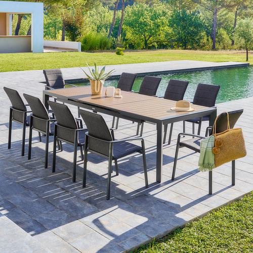 Ensemble table de jardin extensible ÉVASION + 10 fauteuils empilables DIESE Graphite places - Aluminium traité époxy Hespéride