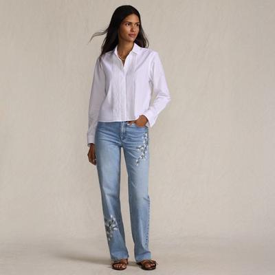 Embroidered Relaxed Straight Leg Jeans, Mid Rise, Women, size: 16, regular, Blue, Spandex/Cotton-blend, by Lands' End