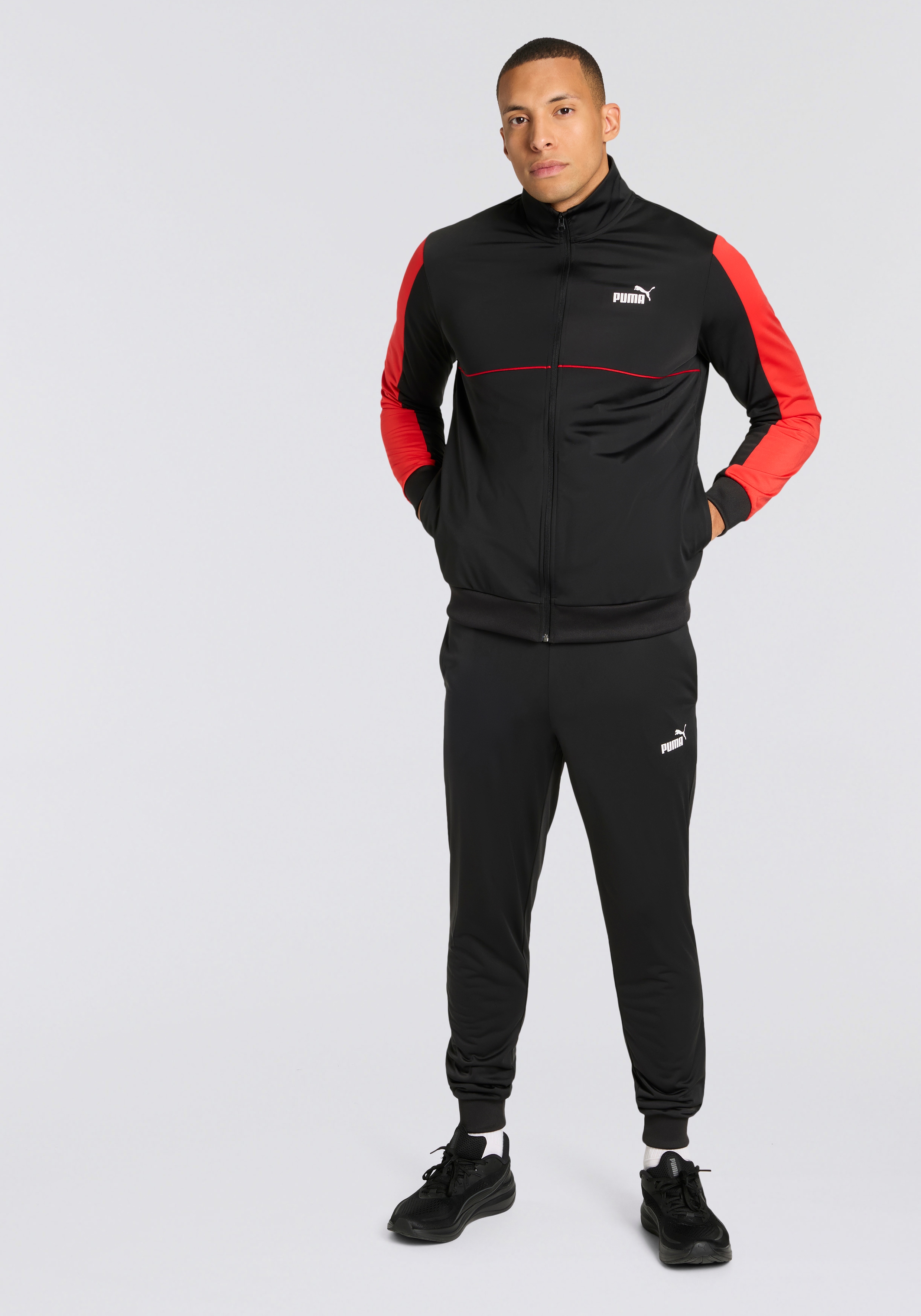 Trainingsanzug PUMA "SPORT POLY SUIT", Herren, Gr. L, schwarz (puma schwarz), Trikot, Obermaterial: 100% Polyester, colorblocking, Sportlich, regular fit, Sportanzüge Image