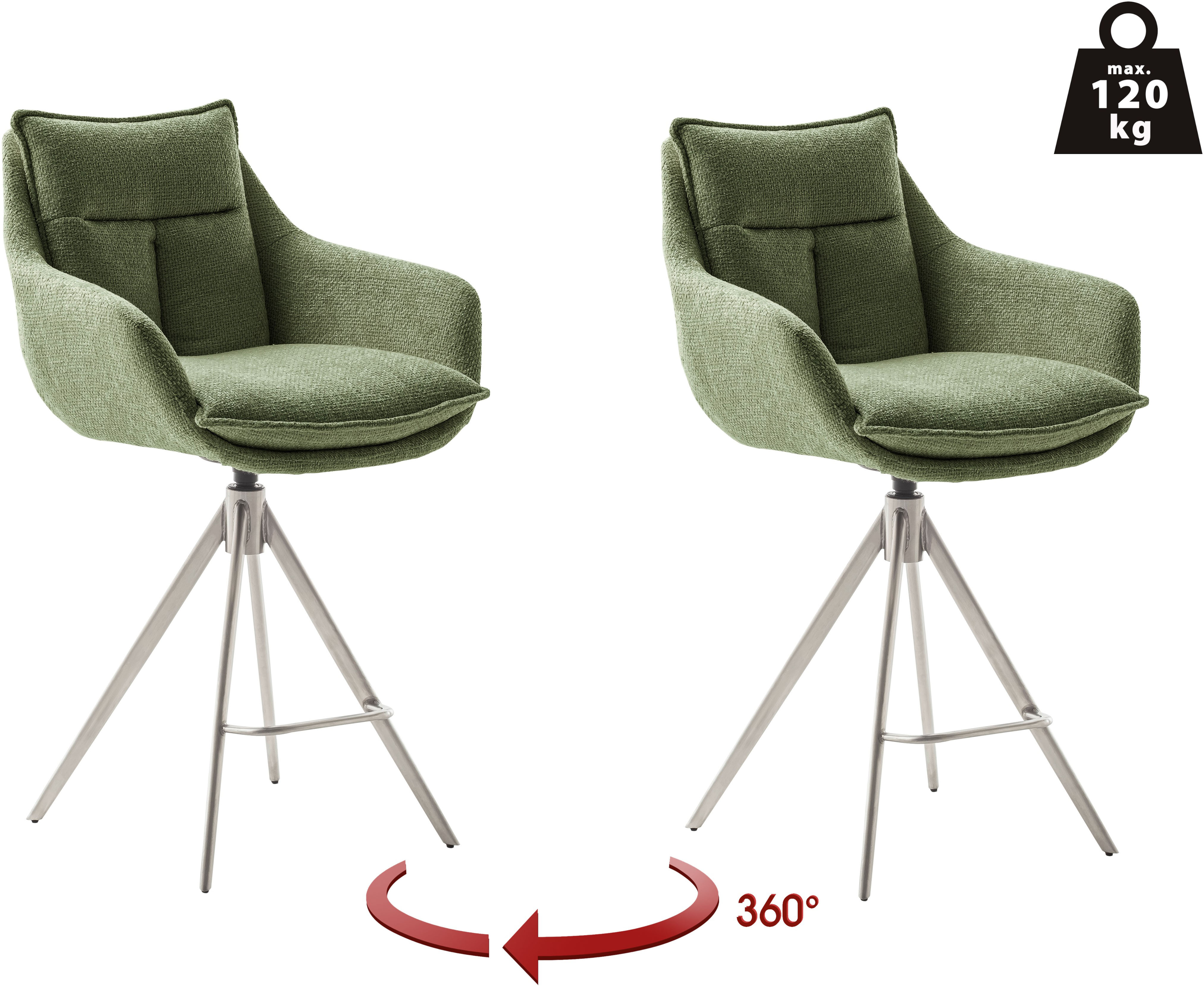 Bistrostuhl MCA FURNITURE "Parker Tresenstuhl mit Armlehnen Tresenhocker", grün (olive, edelstahlfarben), B:60cm H:98cm T:62cm, Polyester, Stühle, Barhocker,Barmoebel,Barstuhl,360 drehbar,mit Lehne,belastbar 120 kg