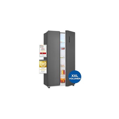 Exquisit Side-by-Side Kühlschrank mit Gefrierteil, 442 Liter, 10 Ablagen, No-Frost, LED-Anzeige, 91 cm Breite, SBS546-040E anthrazit