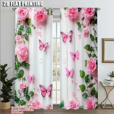 2pcs, Curtain Fabric 2D plane printing Garden Butterfly Print Machine Washable Fabric (without rod) Decorations Inside Perfect