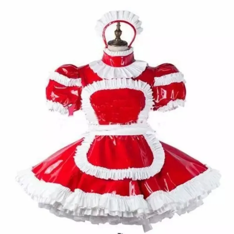 Sissy rotes sexy Dienstmädchen, flauschiges Spitzenkleid, PVC-Schürze, abschließbares Halloween-Cosplay-Kostüm nach Maß Image