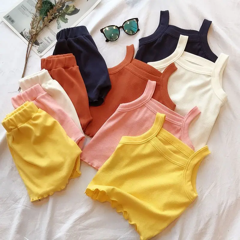Kinder Kleidung Sets Stricken Ärmelloses Tank Top + Shorts 2 stücke Sets Kinder Boutique Kleidung Baby Mädchen Outfit Set Kleinkind kleidung Image
