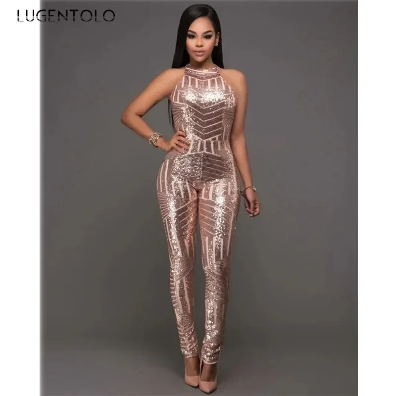 Sexy Gold Pailletten Overall Mesh Strampler Sommer Frauen Glitter Halter Open Back Party Bodycon Overall Körper Damen Overalls Clubwear