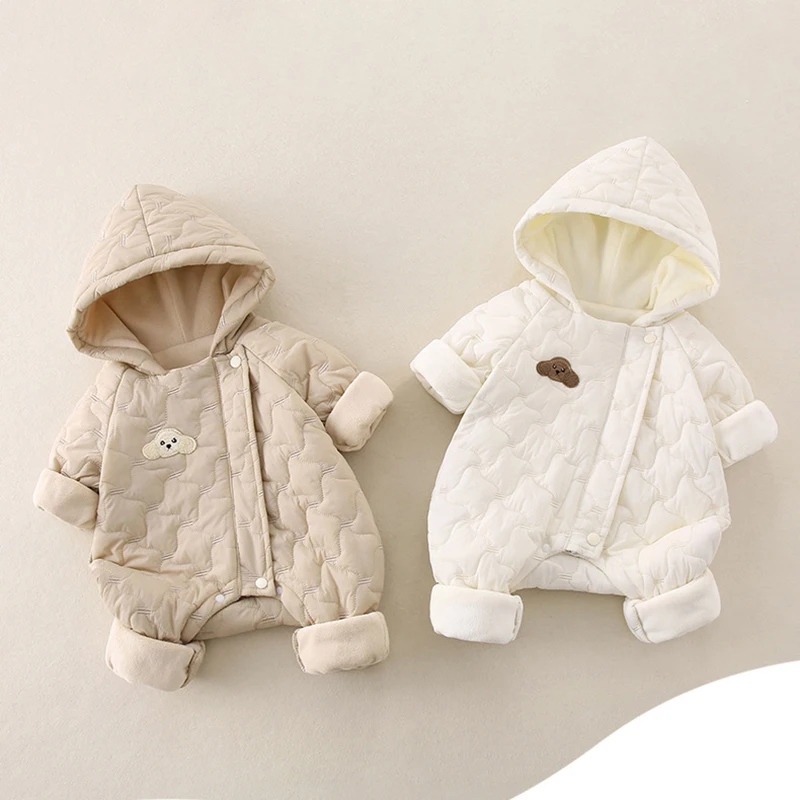 2023 herbst Winter Baby Kleidung Neugeborenen Dicken Overall Jungen Fleece Futter Warme Strampler Kleinkind Mädchen Nette Mit Kapuze Outwear 0-2Y Image