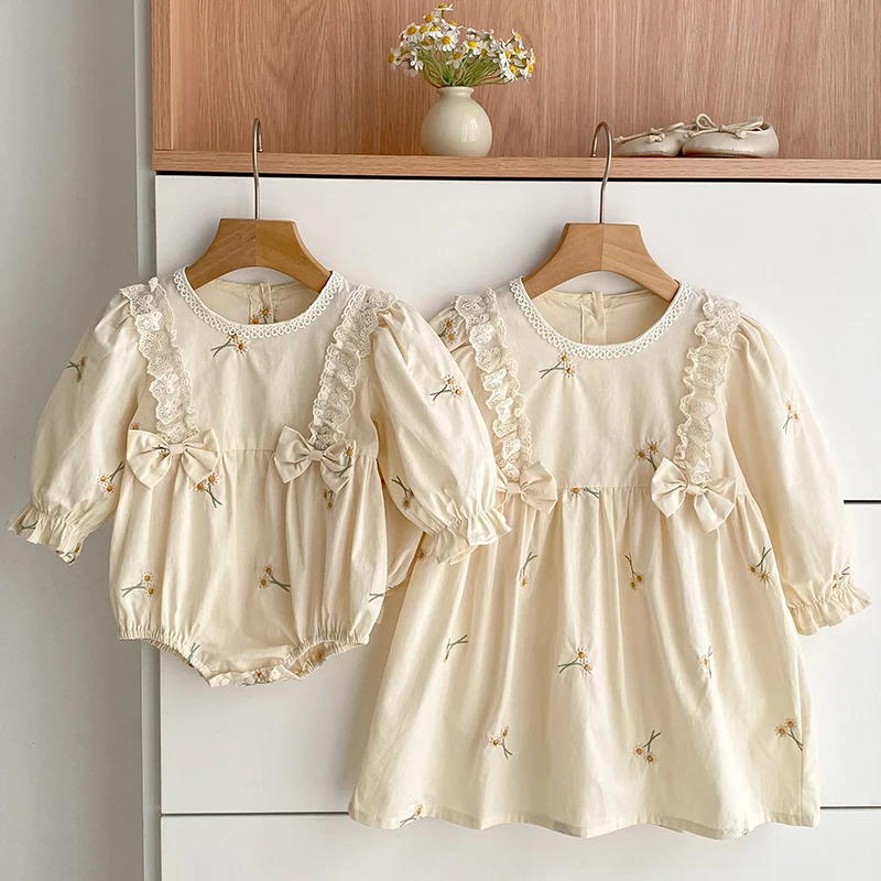 Neue Schwestern Kleidung Bogen 0-7Yrs Mädchen Party Kleid Baumwolle Stickerei Blume Kinder Prinzessin Kleider Baby Mädchen Strampler Kinder Kleidung Image