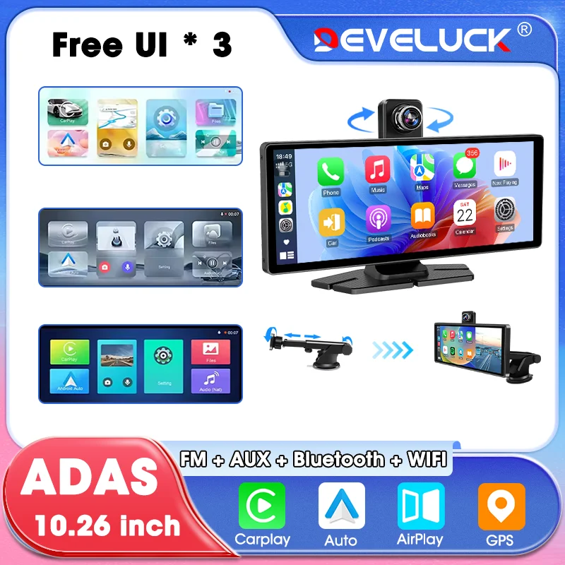 Develuck 10,26′′ 4K ADAS Dashcam Wireless CarPlay & Android Auto Auto DVR 5G WiFi Rückfahrkamera GPS-Navigationsvideorecorder Image