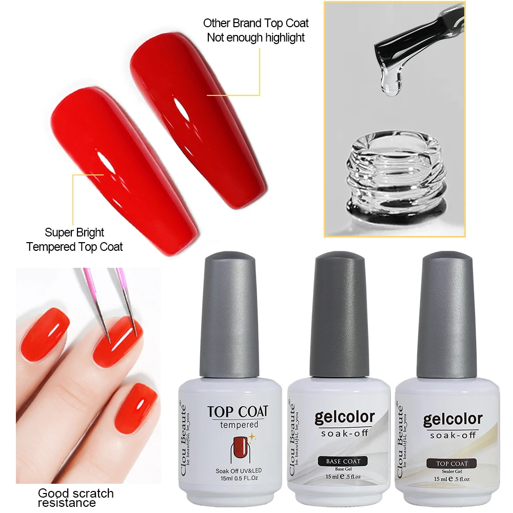 Clou Beaute 15 ml UV-Gel-Nagelkunst, kein Abwischen, gehärteter Decklack, Basismantel, Grundierung, Maniküre-Gel-Nagellack, 400+ Farbgelpoliermittel Image