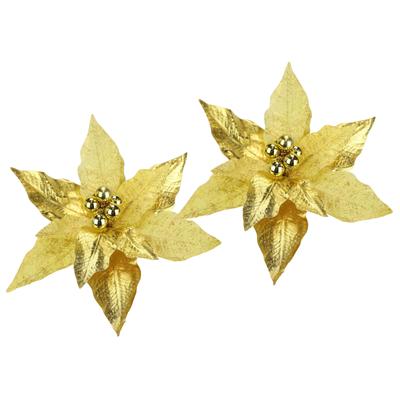Dekohänger I.GE.A. "Poinsettia auf Clip", gold, B:28cm H:14cm, Polyester, Dekohänger, 2er Set 28cm Weihnachts-Christstern künstlich Weihnachtsblume gold Image
