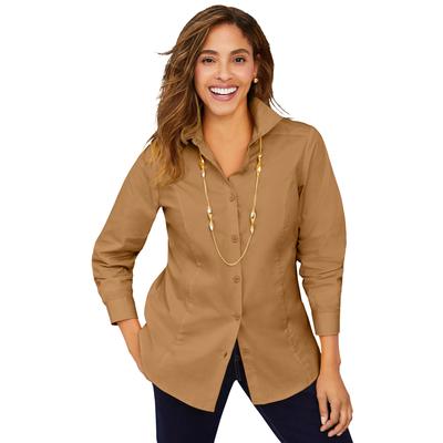 Plus Size Women's Wrinkle-Free Stretch Poplin Shirt by Jessica London in Light Brown (Size 12 W) Button Down Blouse
