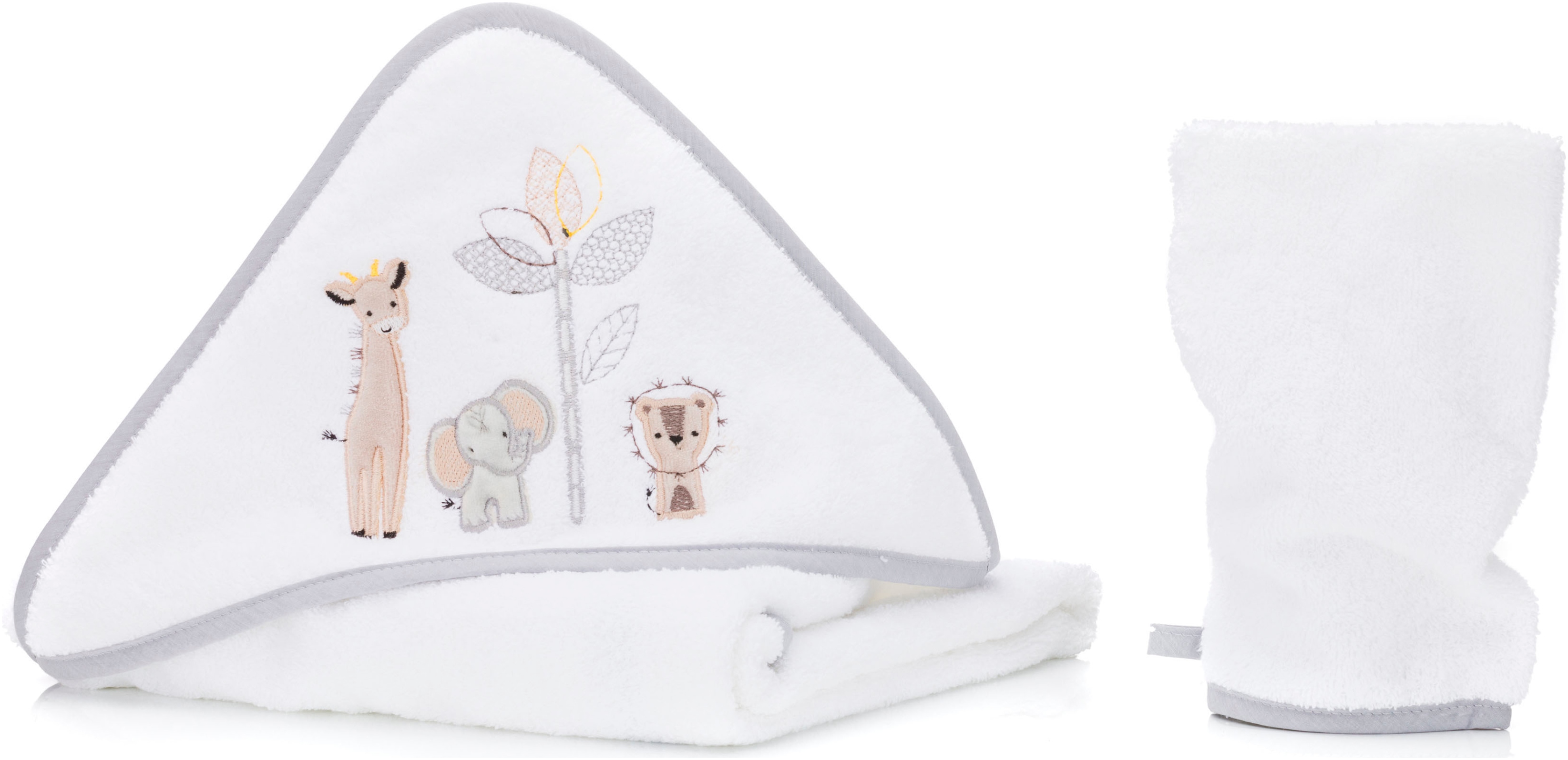 Kapuzenhandtuch FILLIKID "Kapuzenbadetuch mit Waschhandschuh", Baby, Gr. B/L: 100cmx100cm, 2 Stk., Safari, Frottee, safari, Frottee, Frottee, gemustert, Handtücher