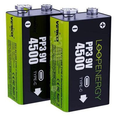 VERICO 2x USB-Akkus mit Ladekabel »LoopEnergy PP3 9V« E-Block 500 mAh