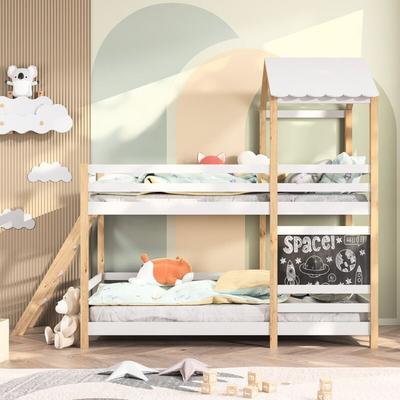 Kinder-Etagenbett 90x200 cm, Kiefernholzhausbett für 2 Kinder, Etagenbett mit Treppe und Tafel, Image