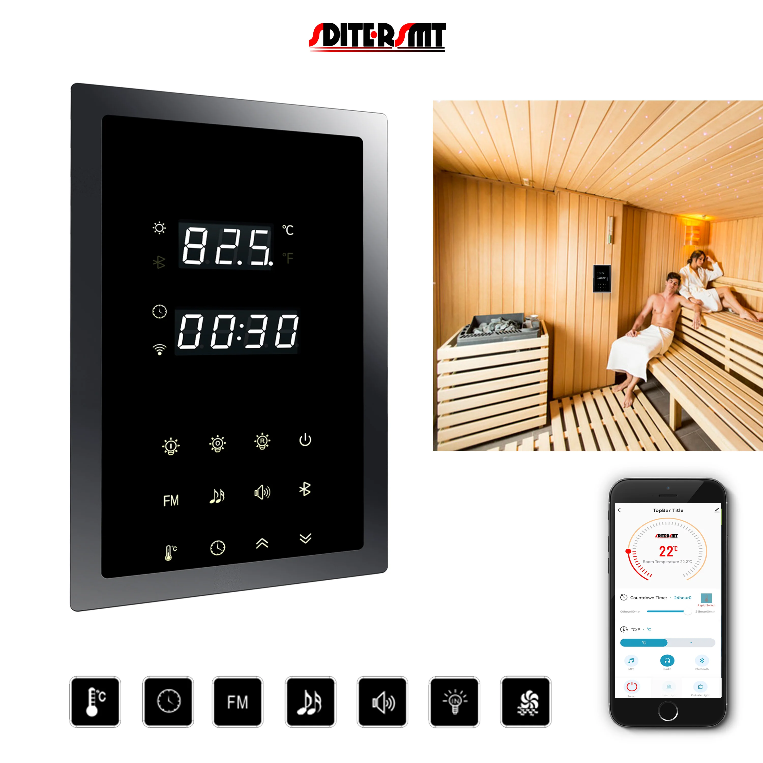 SDITER WIFI 380 V 9 kW elektrisches Heizungs-Bedienfeld für Sauna-Teile, Multifunktions-Temperaturlicht, Ventilator, Musik-Massagegerät-Schalter Image