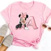 Disney Cartoon Minnie Maus Brief A B C D E F Druck Frauen Sommer T Shirt Harajuku Casual Kurzen Ärmeln Rosa Weibliche T-shirts