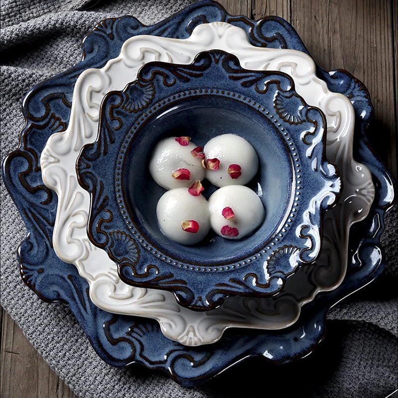 1PC European relief plate, household soup bowl, creative Dim sum plate, ceramic tableware