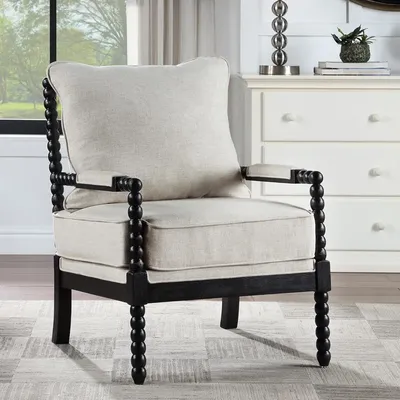 Linen Fabric Spindle Accent Chair with Wood Frame,Bobbin Chair with High Resilience Spring Cushion and Armrest Pads