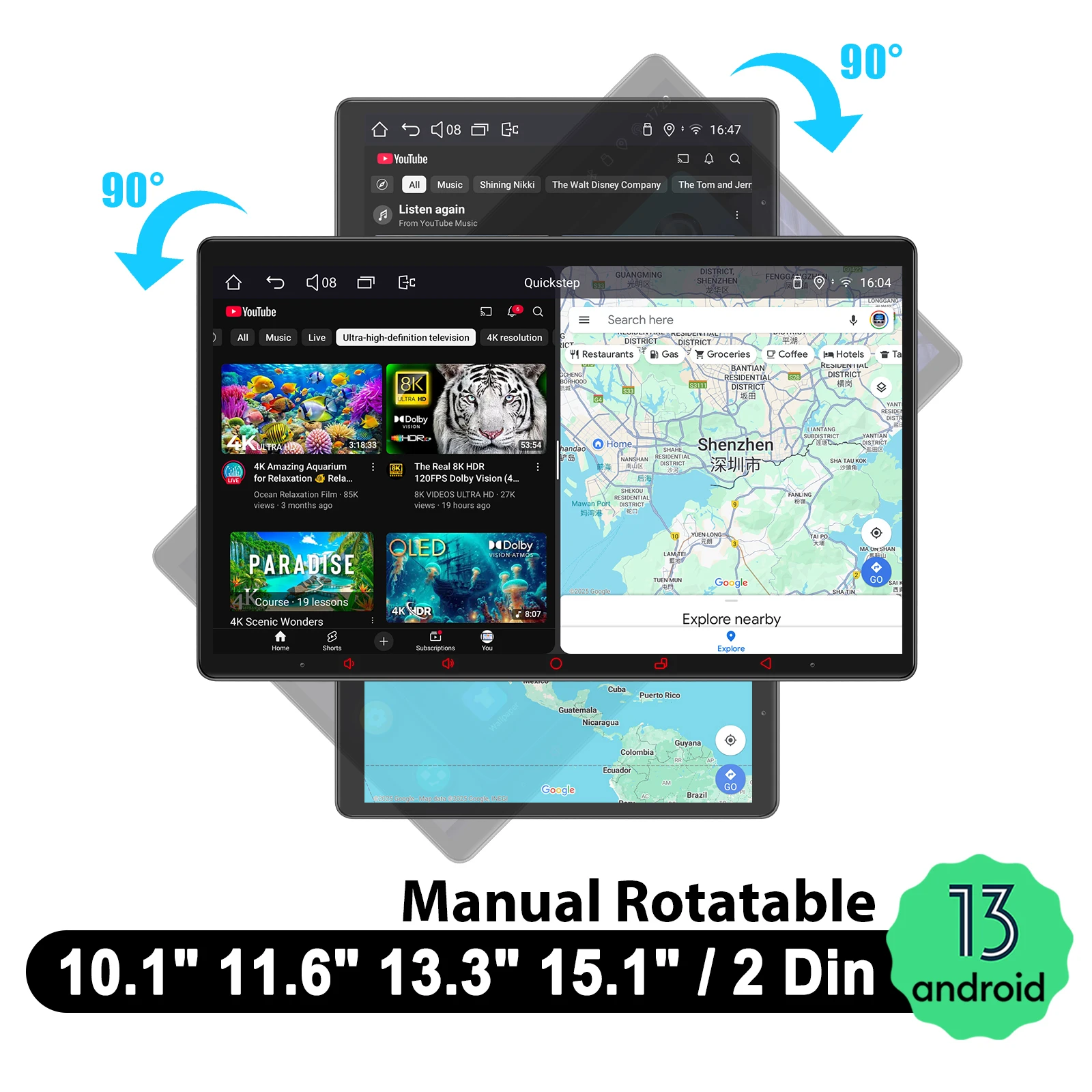 10,1"/11,6"/13,3"/15,1" drehbare Android-Autoradio-Radios, doppelter 2-Din-Multimedia-Player, vertikaler/horizontaler Bildschirm, Auto-Audio Image