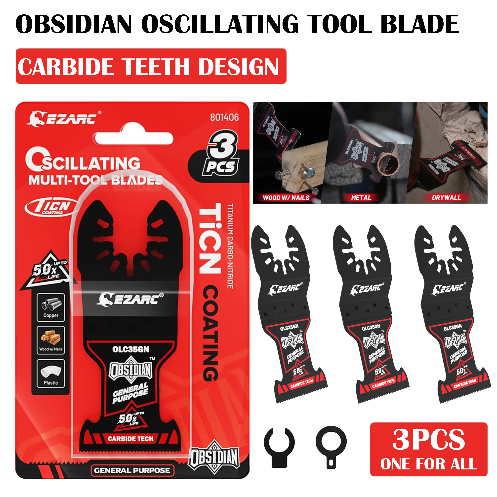EZARC 3-teiliges Hartmetall-Oszillierwerkzeug-Klingen-Set Obsidian Universal Schnellwechsel-Oszillierklingen für Metall, Holz, Trockenbau Image