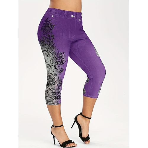 Damen 3/4 Strumpfhosen Gemütliche Leggings Stumpfhosen sportlich Wadenlang Hoher Bund Blumen Drucken Bequem Po-Lifting Bauchkontrolle Yoga Alltagstauglich Dunkelrot Marineblau Blau Purpur Frühling Image