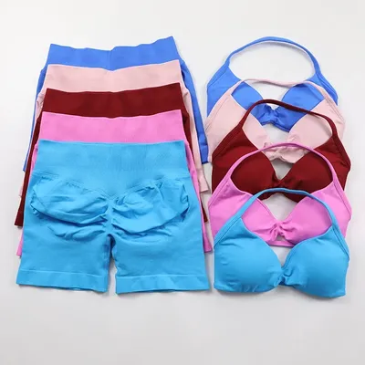 Impact Bra Strappy Top Shorts Women Seamless High Support Impact Thin Strap Halter Sport Bras Scrunch Workout Yoga Tank Shorts