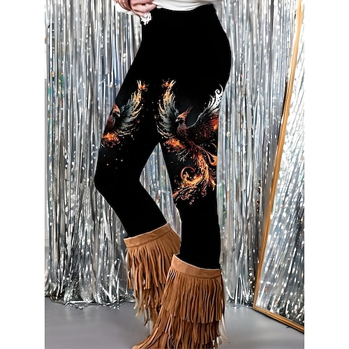 Damen Leggings Urlaub Vintage Mode Knöchellang Hohe Taille Grafik Tiermotiv Drucken Weich Atmungsaktiv Dehnbar Lässig Täglich Outdoor Rot orange Rubinrot Regenbogen Frühling Schmale Passform Image