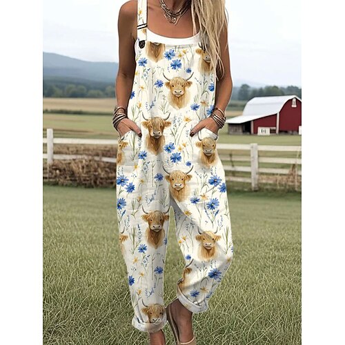 Damen Latzhose Aktiv Blumen Ärmellos Kordelzug mit Tasche Täglich Urlaub Lässiger Schnitt Weiß Rote Purpur Sommer Image