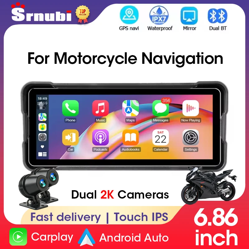 Srnubi 6,86 Zoll Motorrad-Navigations-DVR 2K Dual Lens IPX7 Wasserdichter tragbarer kabelloser Carplay/Android Auto Bluetooth-Monitor Image