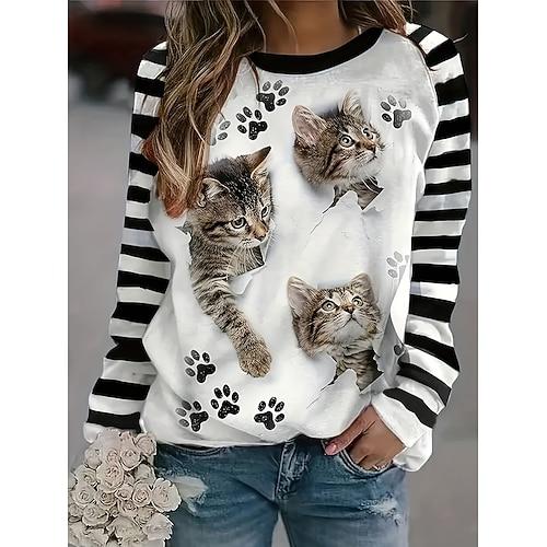 Damen Sweatshirts Grafik Tiermotiv Geometrisch Lässig Langarm Rundhals Normale Oberteile Straße Alltagskleidung Schwarz Weiß Rote Herbst Winter