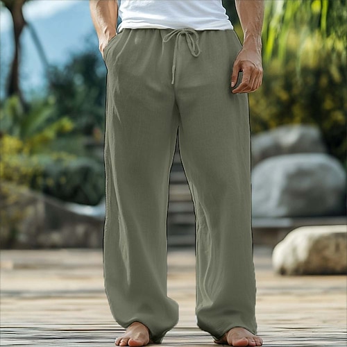 Herren Leinenhosen Hose Sommerhose Baggy-Hosen Kordelzug Elastischer Bund Gerader Schnitt Einfach Komfort Atmungsaktiv Volle Länge Outdoor Heim Yoga Mode Streetwear Schwarz Weiß Unelastisch Image