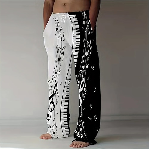 Herren Klavier Musiknoten Hose Baggy-Hosen Freizeithose Mittlere Taille Vintage-Retro Urlaub Ferien Elastischer Kordelzug in der Taille Leinenähnliche Hose mit Taschen Sommer Frühling 3D-Druck Image
